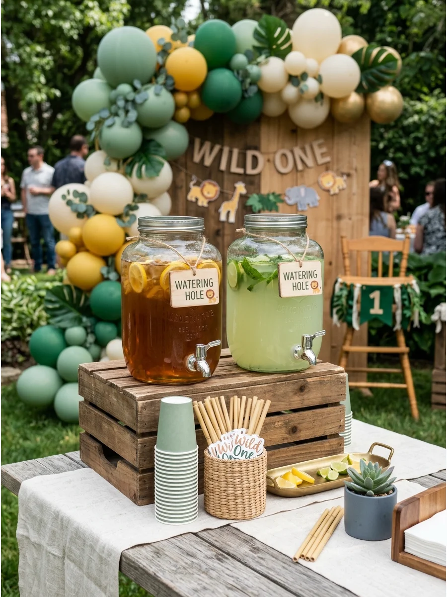 A Watering Hole juice station with glass dispensers and bamboo straws.