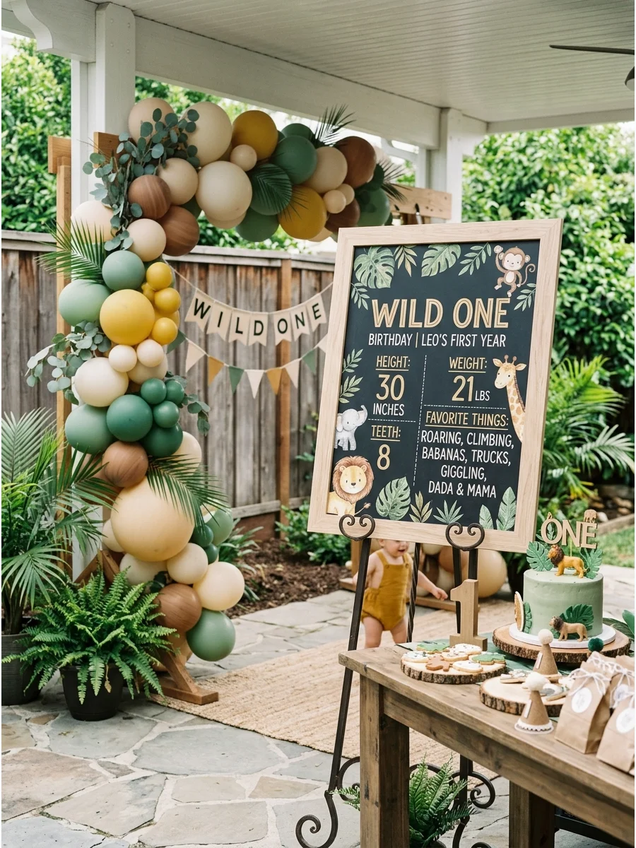 A safari-themed milestone board showing a one-year-old's growth and favorites.