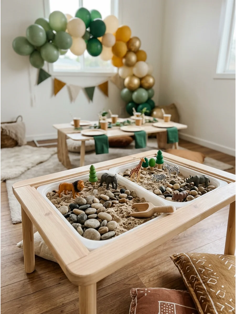 A wooden sensory bin for toddlers filled with sand and plastic animals.