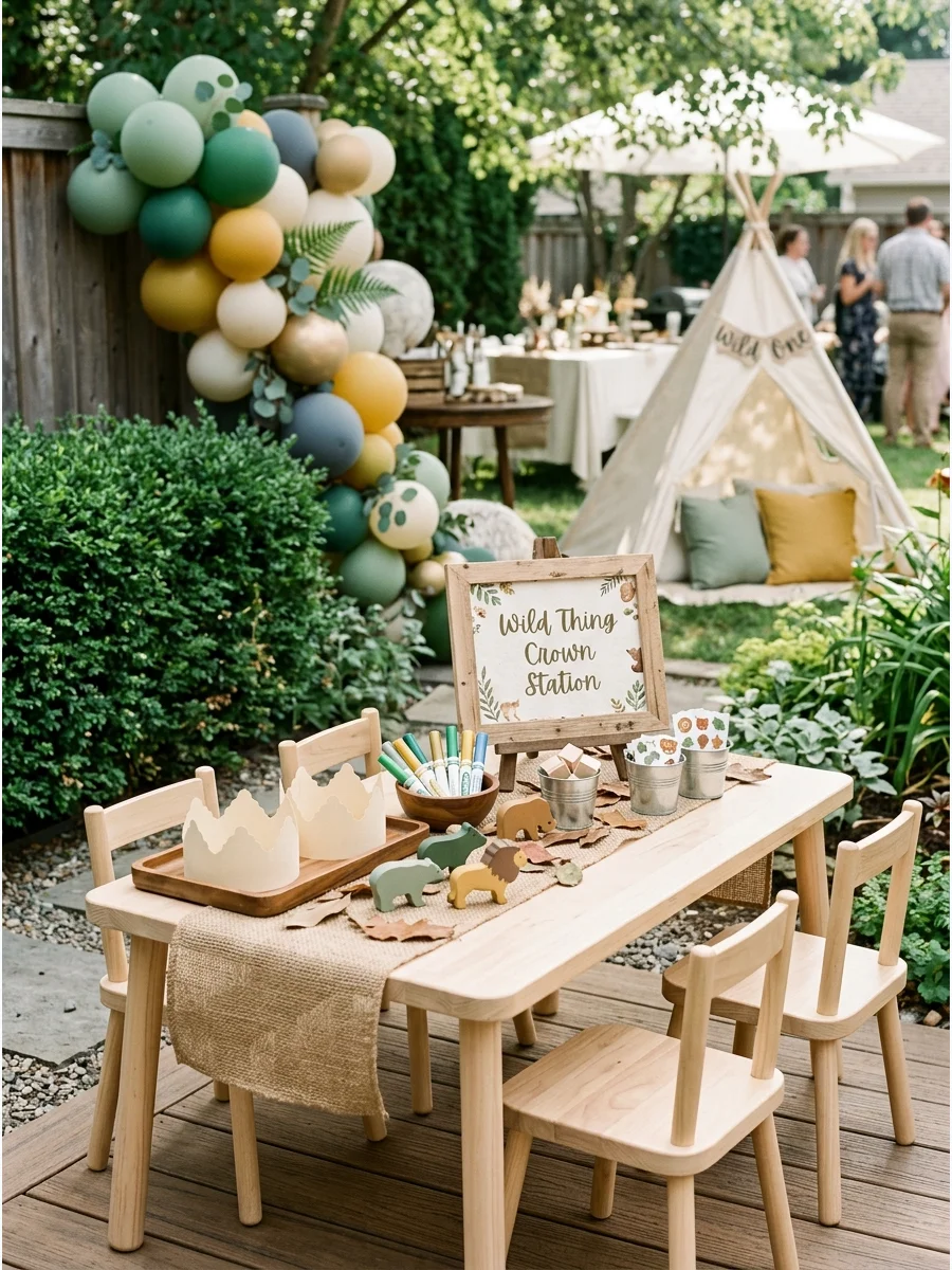 A crown-making activity station with paper crowns and stickers for children.