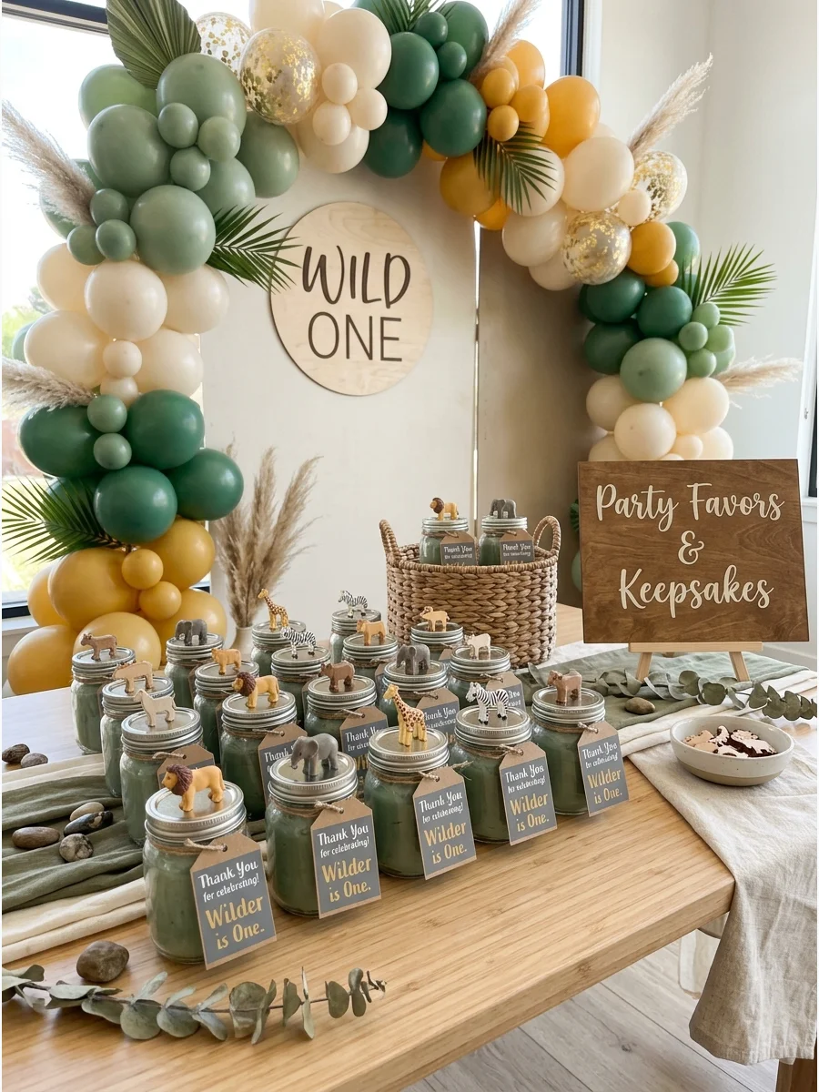 Small jars of green playdough with wooden animal toys as party favors.