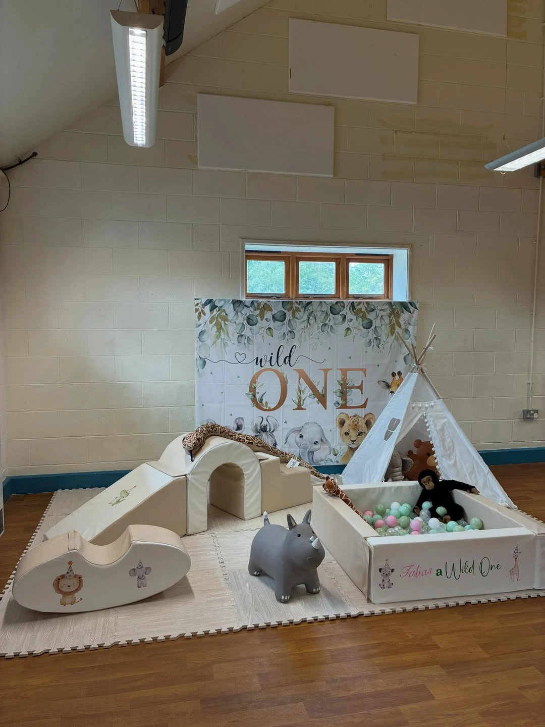 Neutral Jungle Soft Play wild one birthday party boys