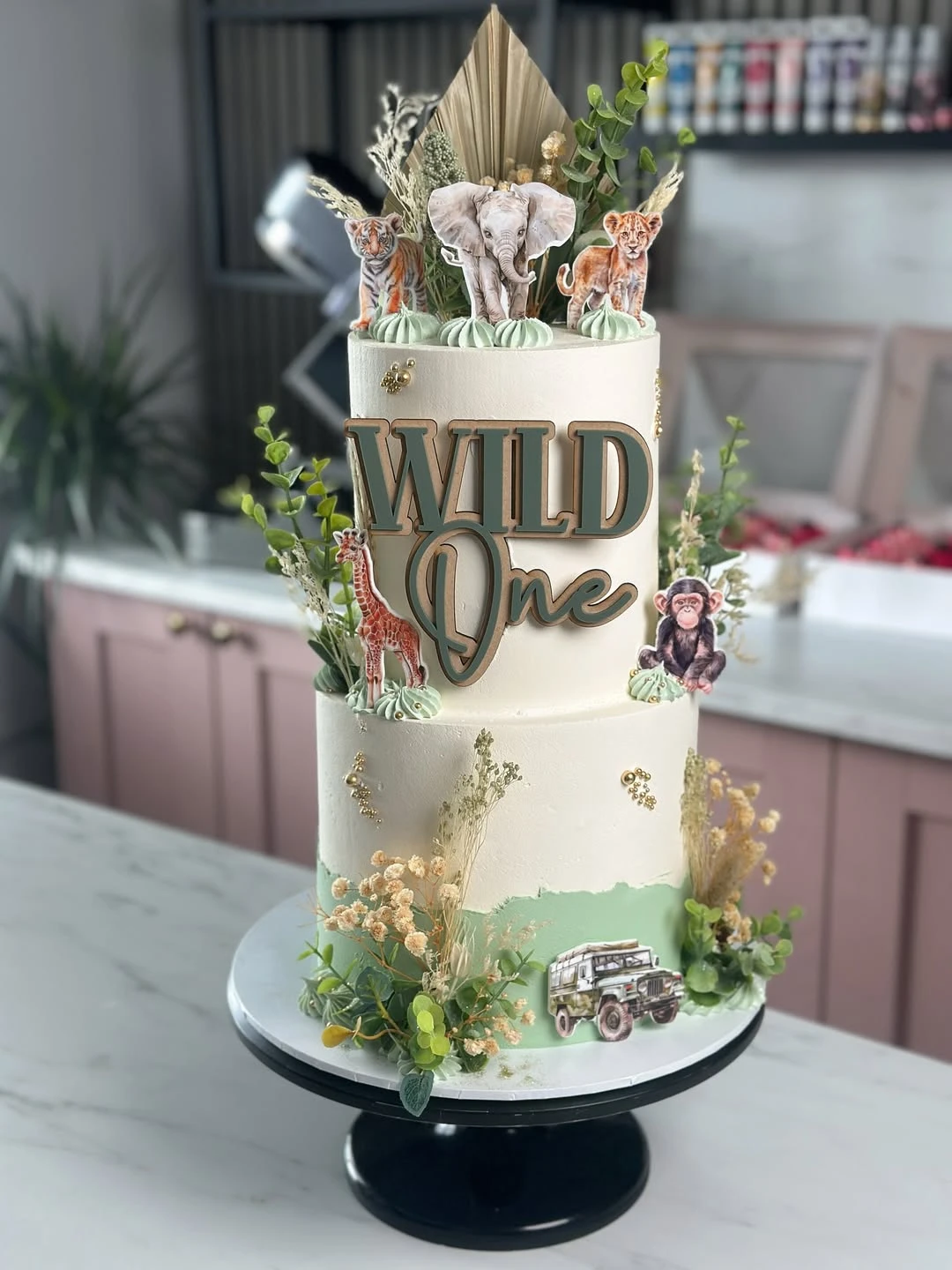 Tiered Safari Illustration Cake wild one birthday party boys
