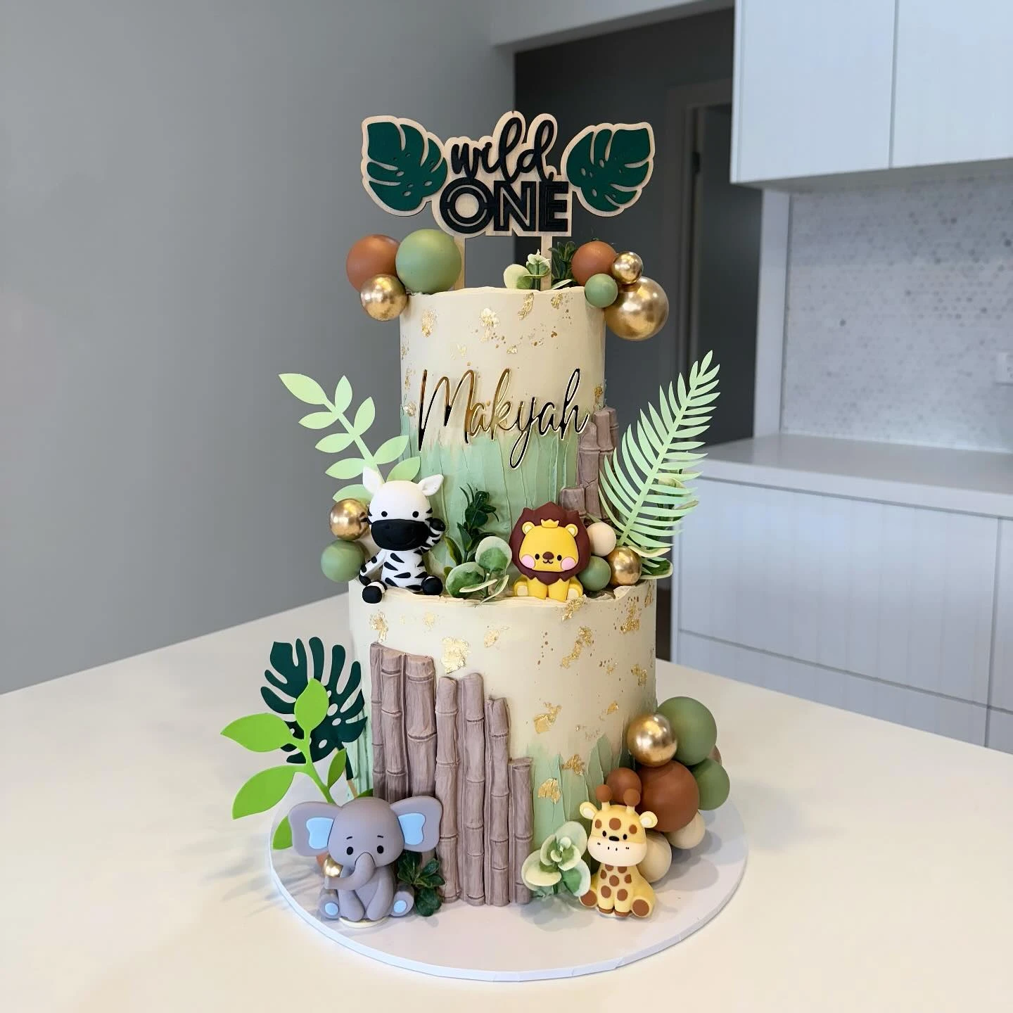 Sage and Gold Safari Cake wild one birthday party boys