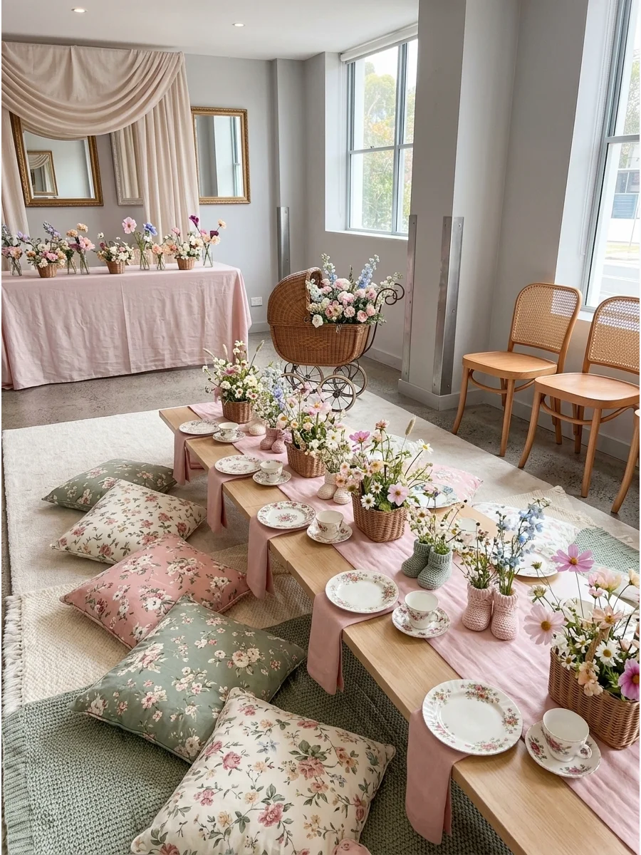A low picnic table with floral cushions and wildflower centerpieces on a rug.