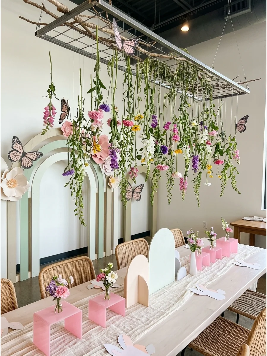A hanging floral installation with a wooden branch and purple wildflowers over a dining table.