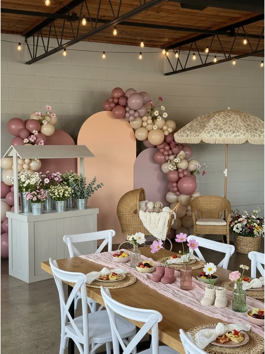 An outdoor baby shower setup in a garden with white chairs and lanterns hanging from a tree.