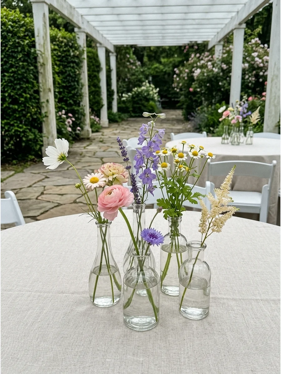 A group of mismatched glass bud vases with single wildflowers on a white tablecloth.