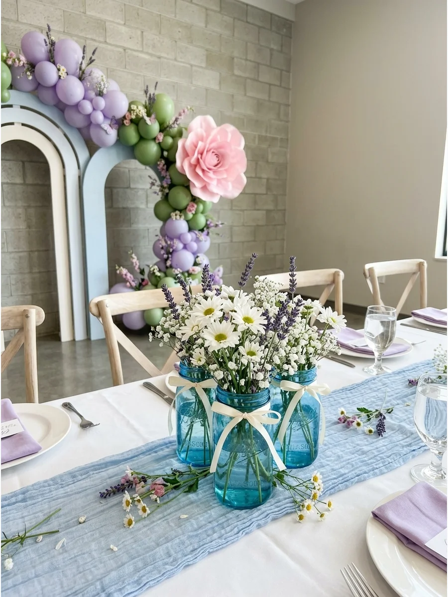 Blue mason jars used as vases for daisies and lavender tied with cream ribbon.