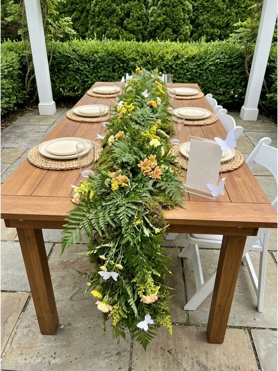 A long wooden table with a lush green floral runner featuring yellow and peach wildflowers.