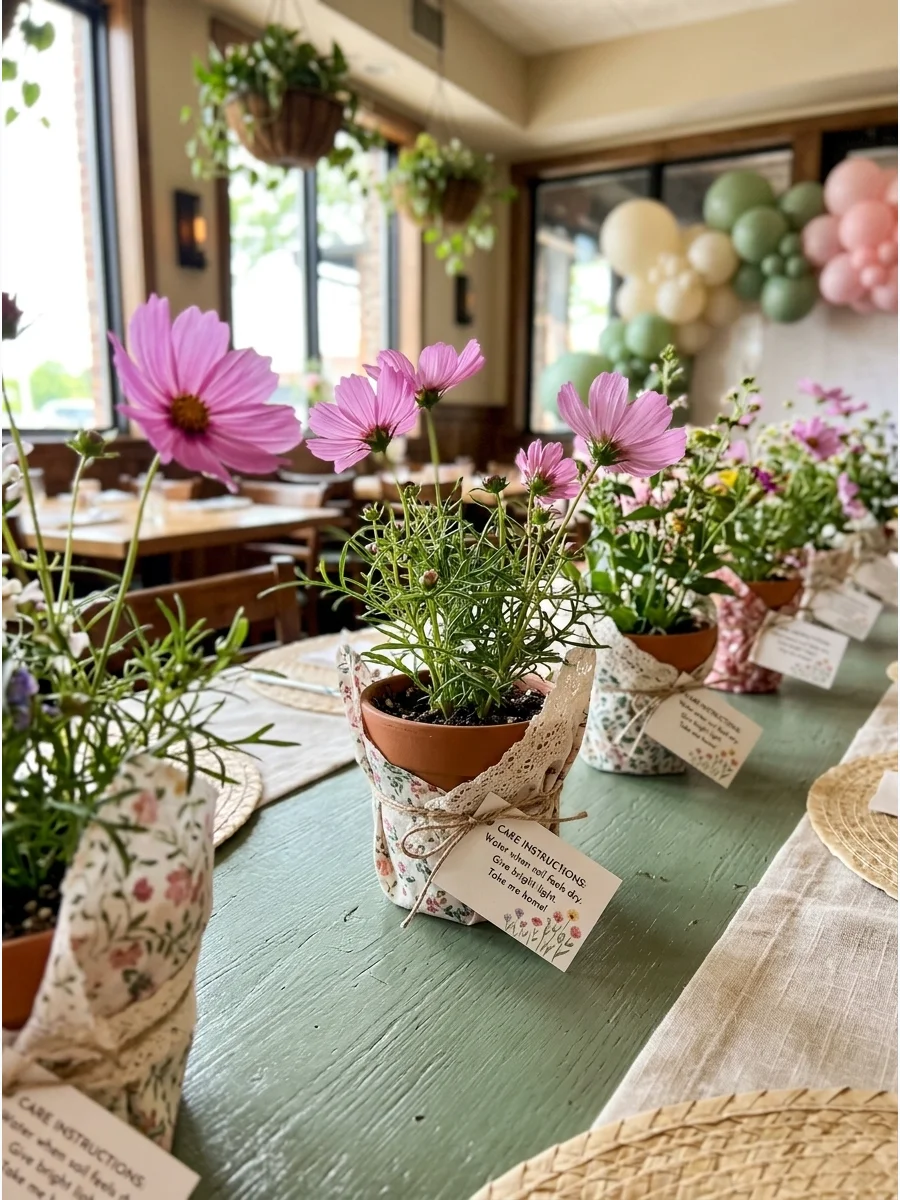 Small terracotta pots with pink flowers used as centerpieces on a table.