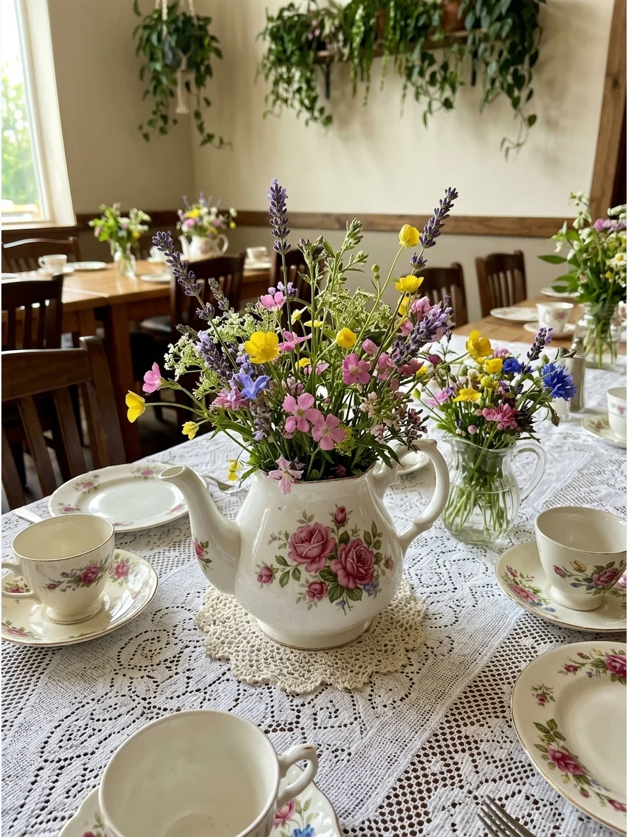 A vintage teapot filled with wildflowers sitting on a lace tablecloth.