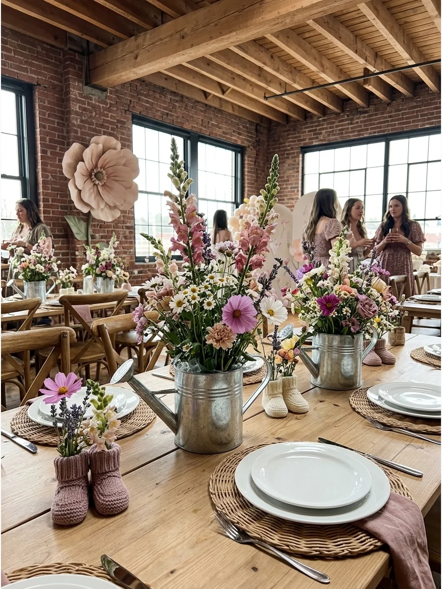 A galvanized metal watering can used as a vase for a colorful wildflower bouquet.