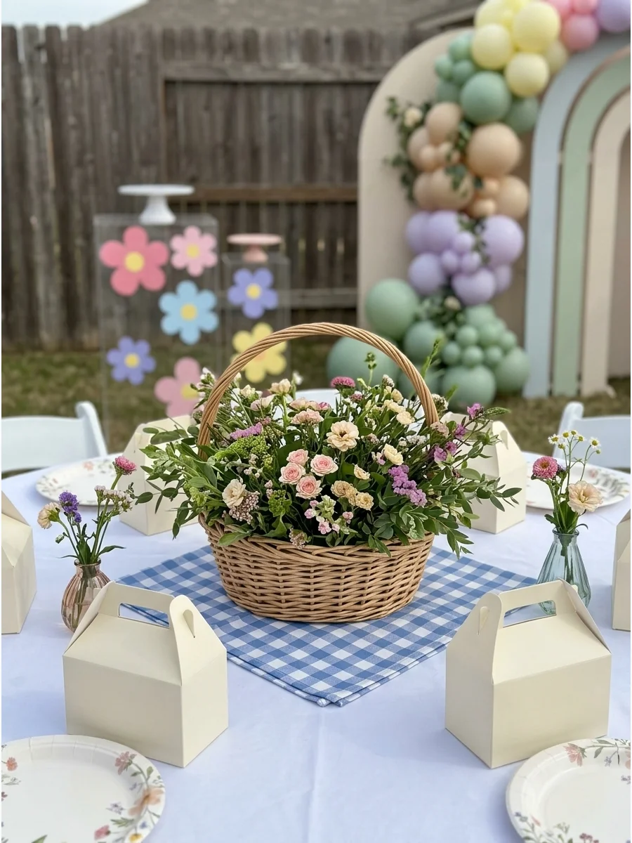 A wicker basket filled with wildflowers sitting on a blue gingham napkin.