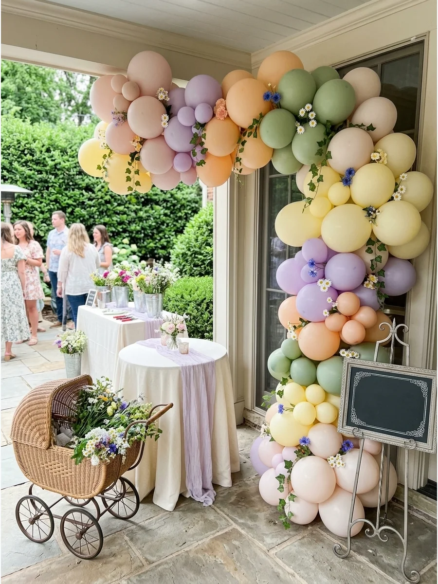 A pastel balloon arch with small wildflowers tucked between the balloons.