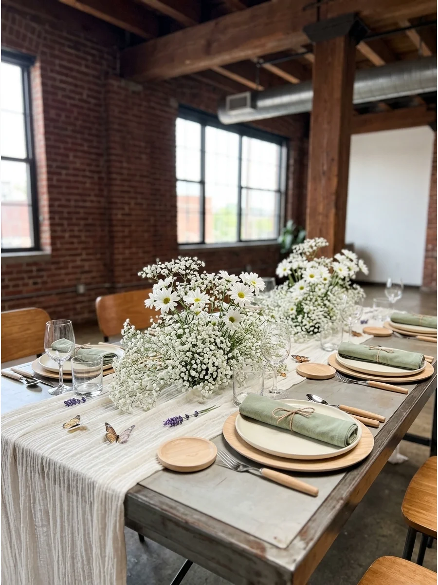 A table setting with sage napkins and a centerpiece of white daisies and baby's breath.