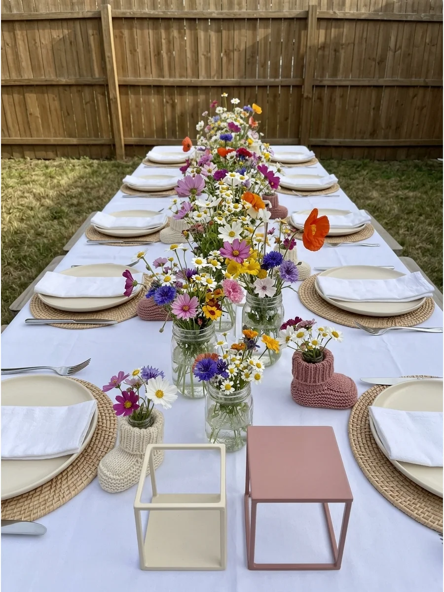 A white table setting featuring vibrant rainbow-colored wildflowers in small glass jars.