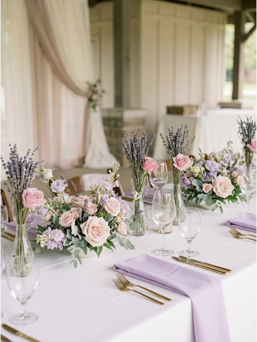 Soft pink and purple floral arrangements on a table with sage green accents.