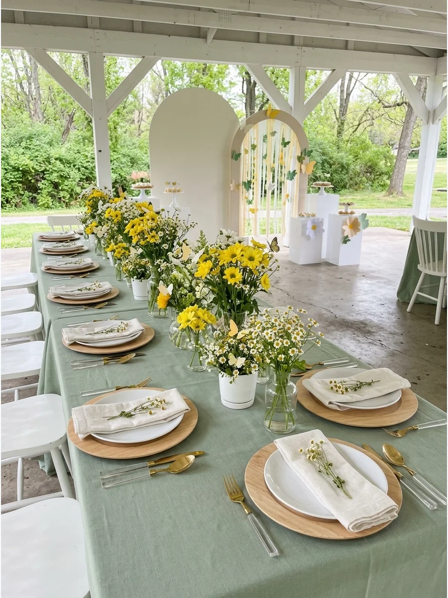 A garden-themed table setting with sage green fabric and bright yellow flowers.