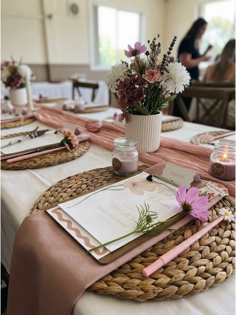 A of a white linen napkin topped with a single pink flower and a name card.