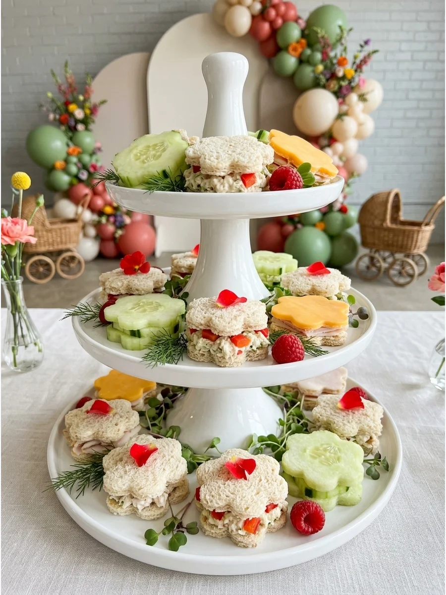 Miniature sandwiches cut into flower shapes displayed on a white porcelain tower.