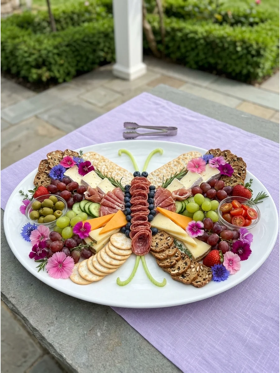 A charcuterie board featuring meats and cheeses arranged like a butterfly with floral garnishes.