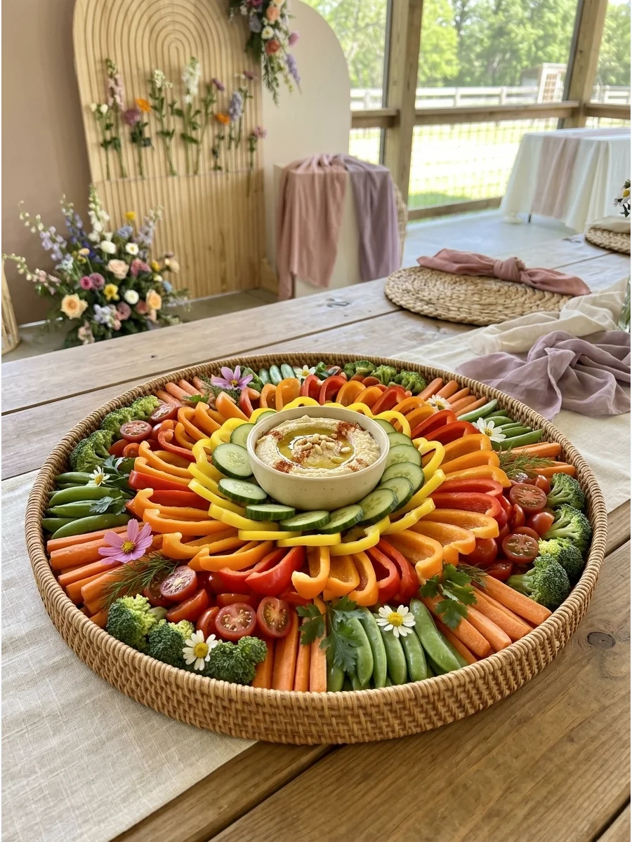 A platter of raw vegetables arranged to look like a colorful flower garden.