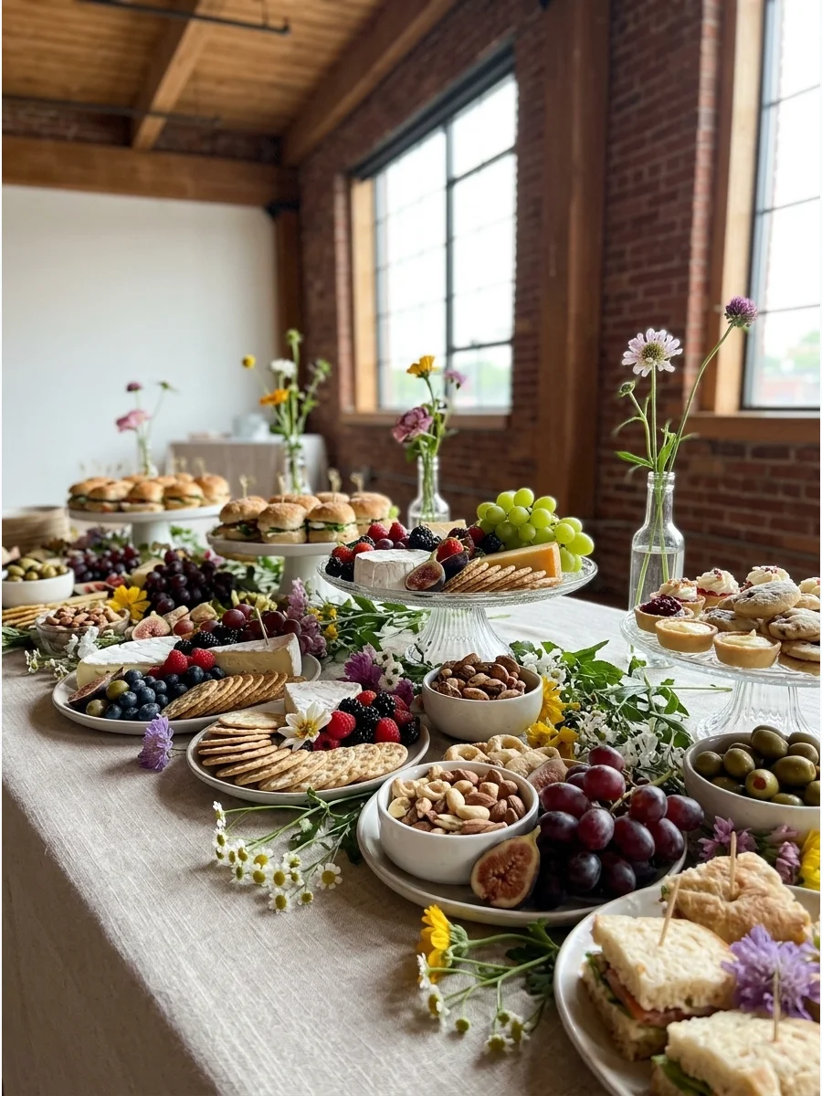A large table spread with various cheeses, fruits, and meats decorated with edible flowers.