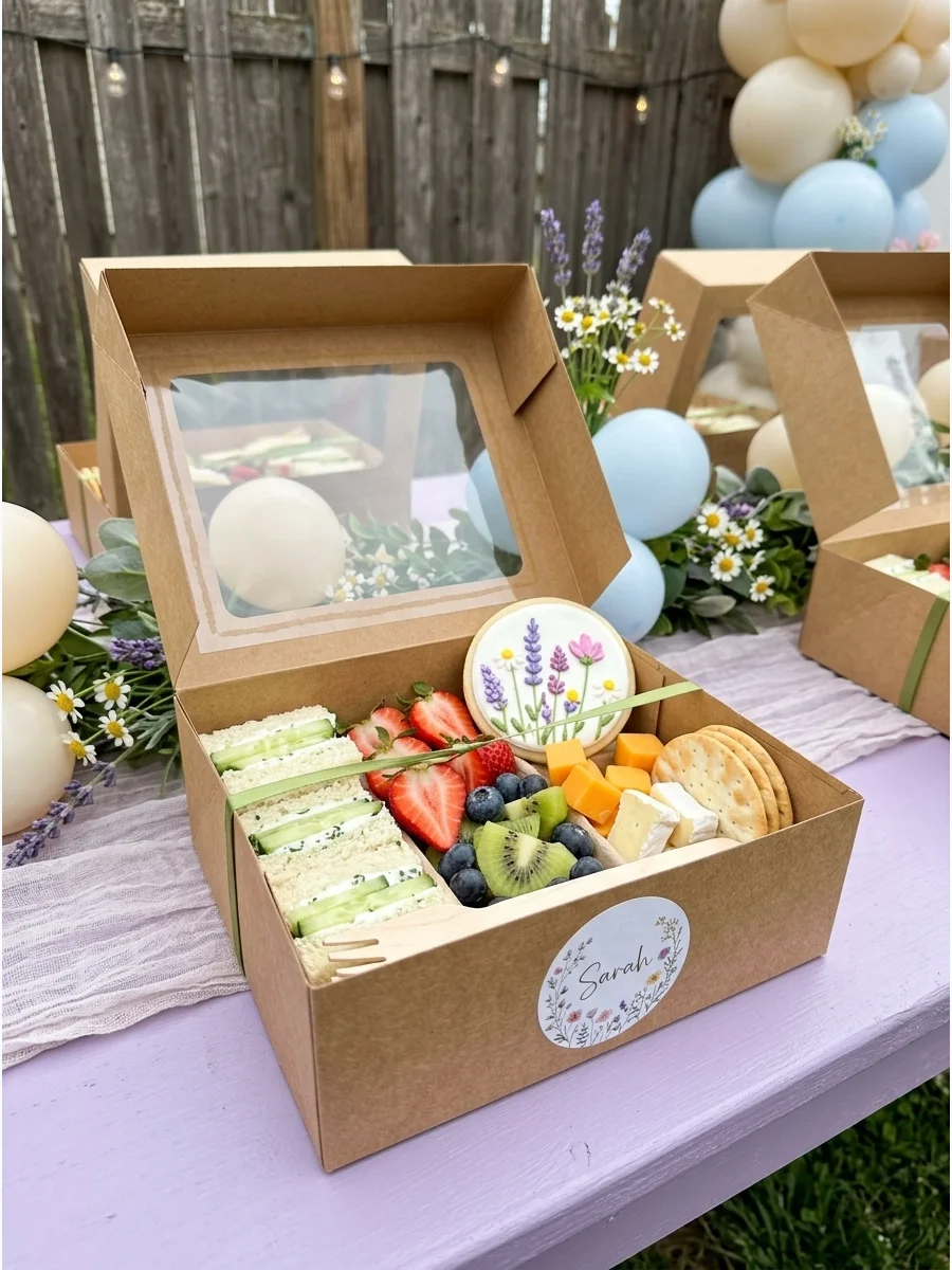 A brown paper snack box containing sandwiches and fruit tied with a decorative ribbon.