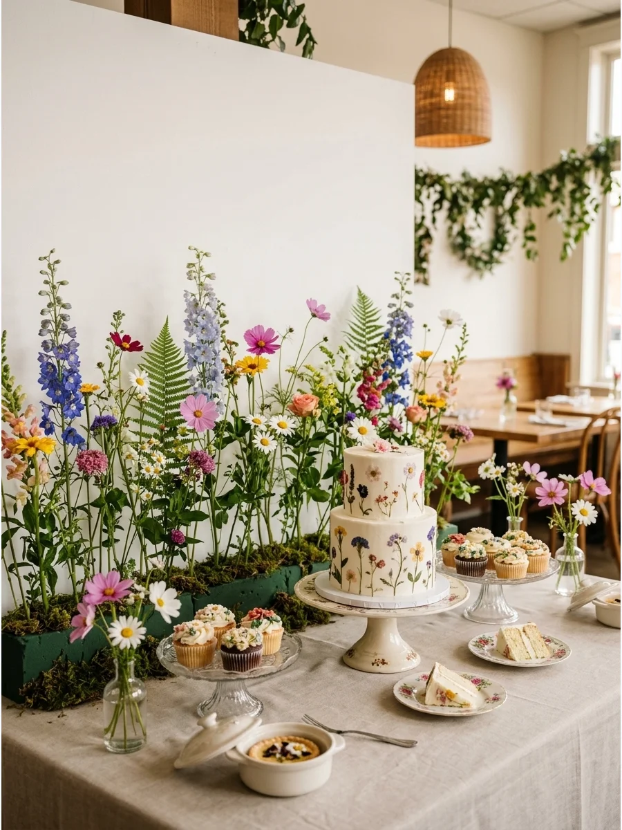 A floor-level floral arrangement that looks like a growing meadow against a white wall.