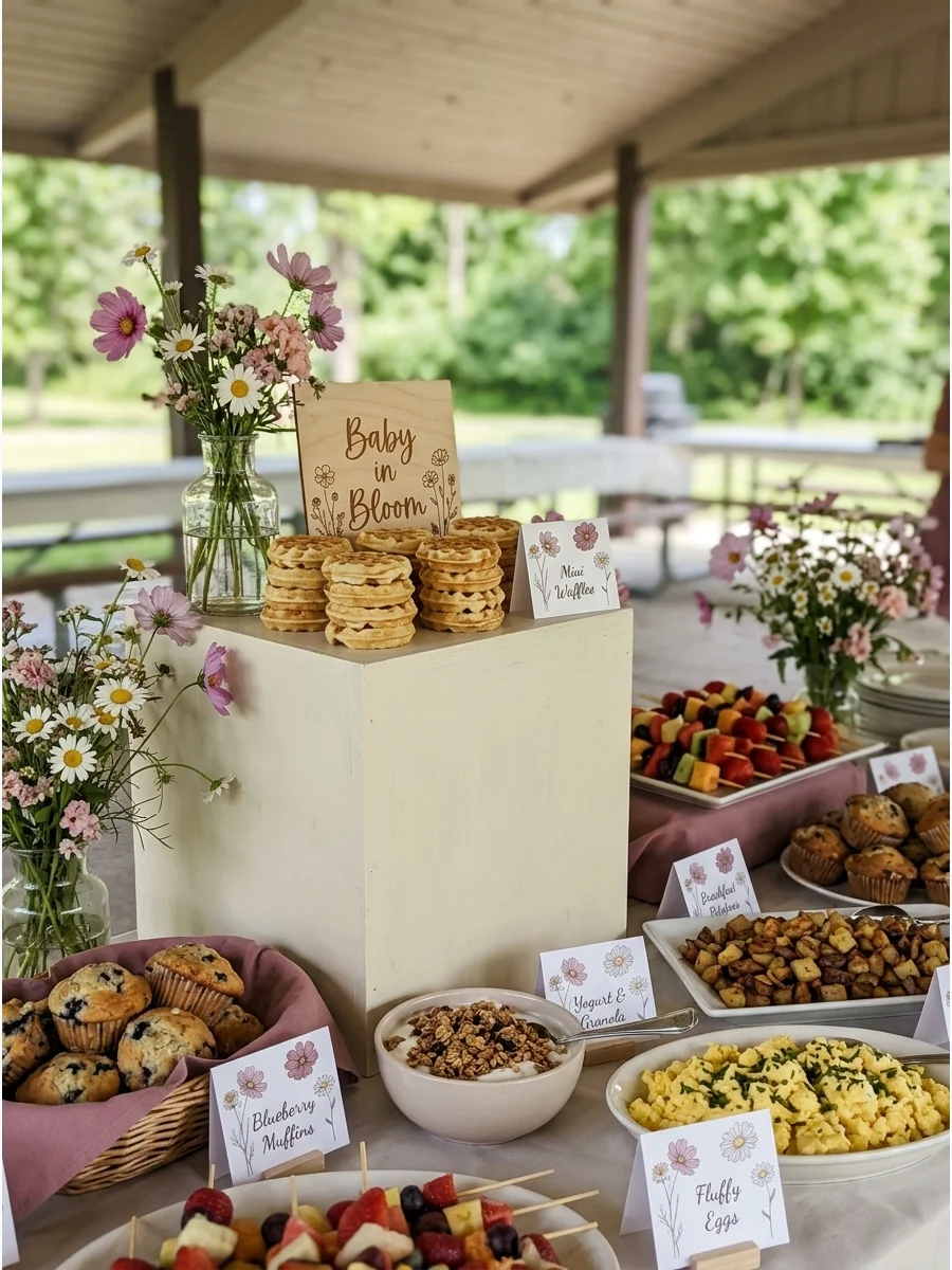A breakfast buffet table with waffles, fruit, and a wooden sign that says Baby in Bloom.