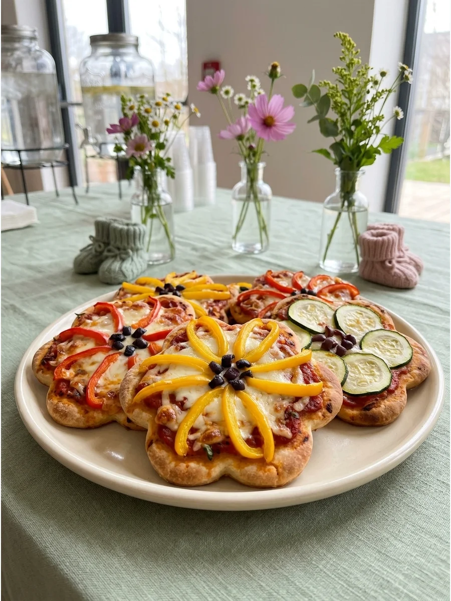 Mini flower-shaped pizzas with yellow pepper petals on a wooden serving board.