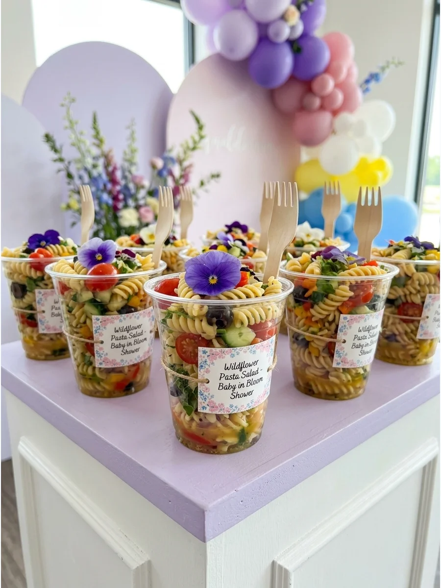 Individual cups of pasta salad topped with edible purple flowers and small wooden forks.