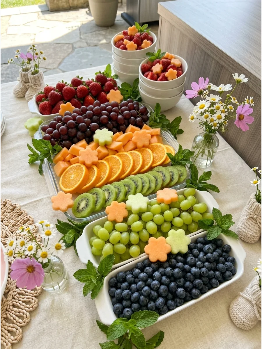 A colorful fruit platter with flower-shaped melon pieces and fresh mint leaves.
