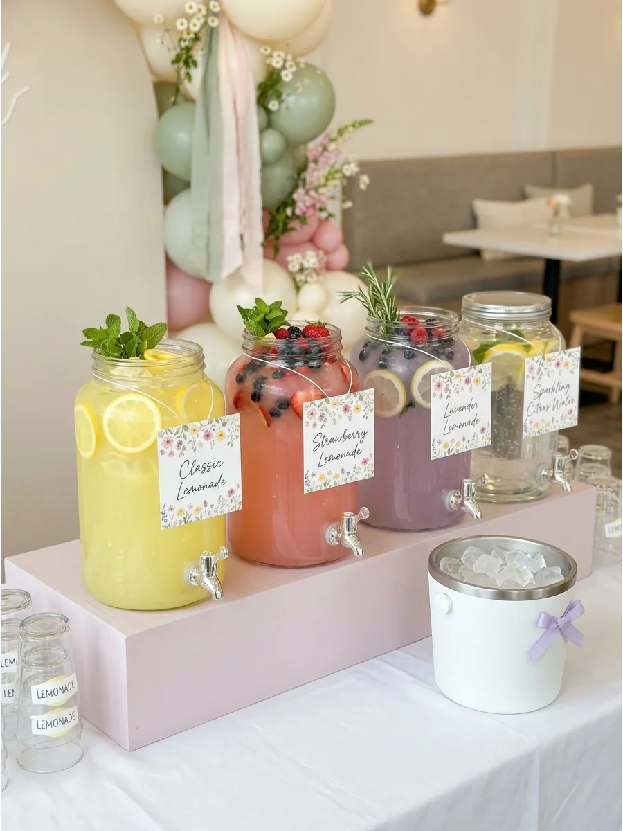 Glass beverage dispensers with different lemonade flavors garnished with lemon and herbs.