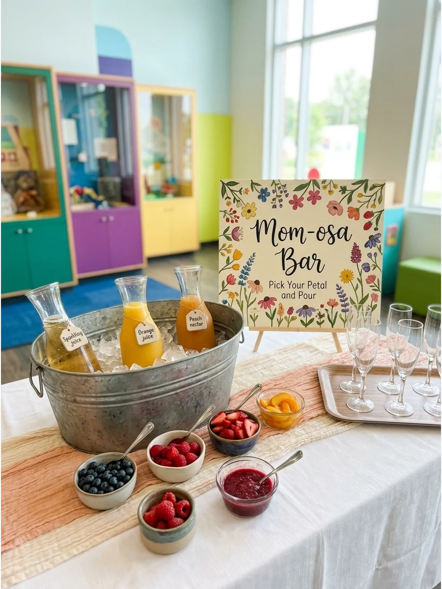 A juice bar setup with carafes and fruit garnishes for a wildflower baby shower.
