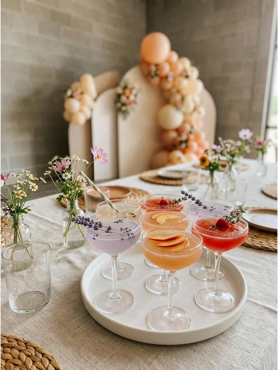 Sparkling botanical mocktails garnished with lavender sprigs in glass coupes.