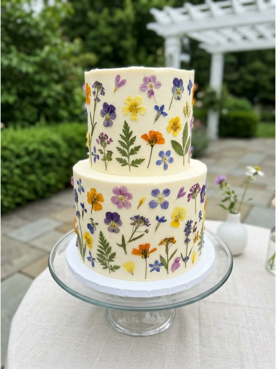 A white buttercream cake decorated with colorful pressed wildflowers.