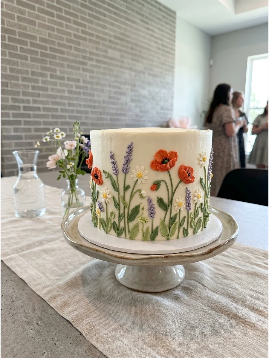 A round cake with colorful buttercream flowers piped around the sides like a meadow.