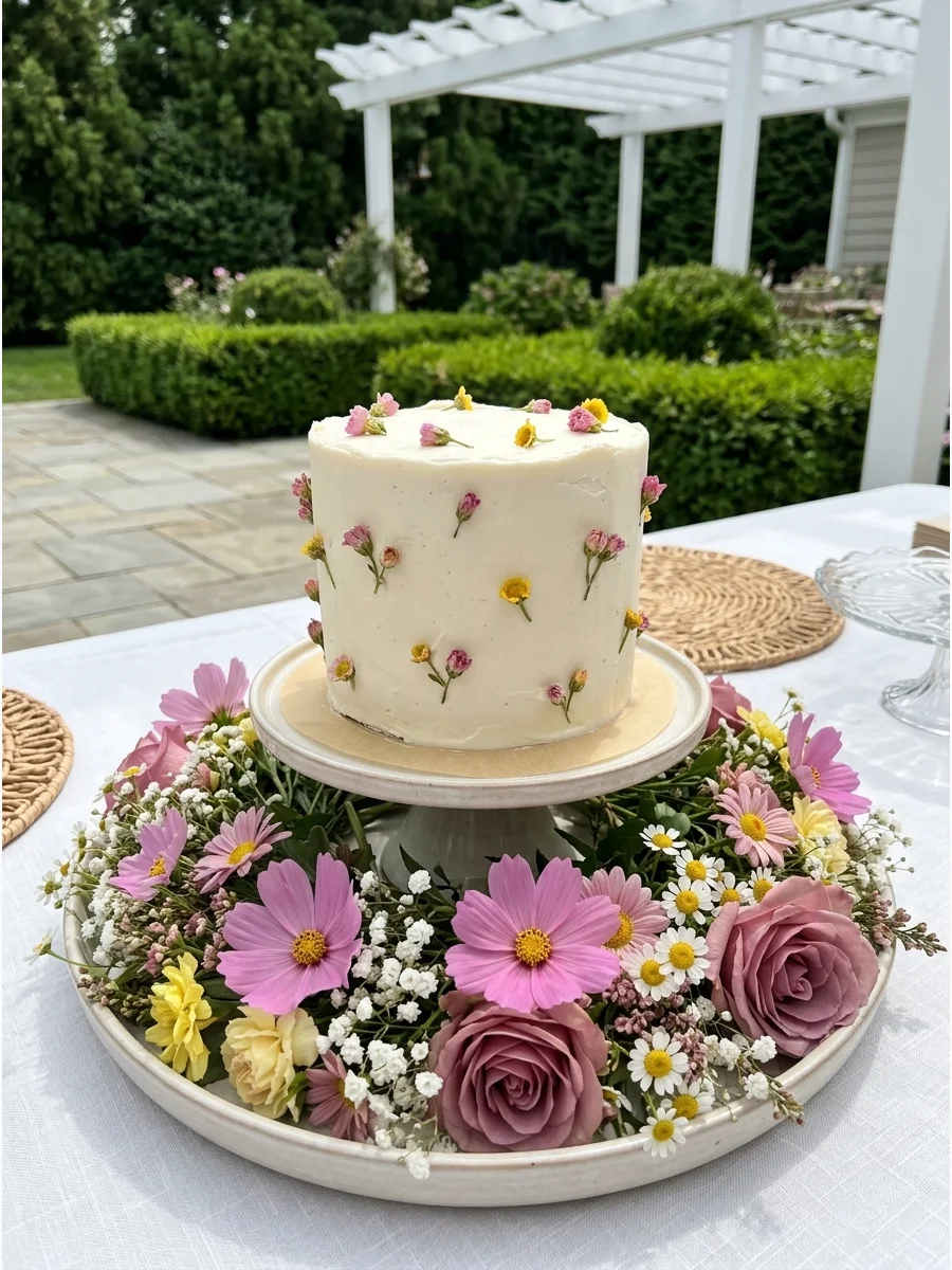 A white cake surrounded by a ring of fresh wildflowers on a wooden table.
