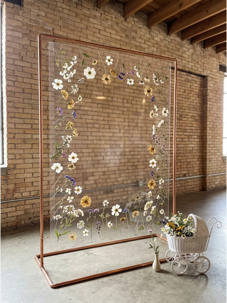 A clear acrylic sign with pressed flowers and white lettering hanging from a frame.