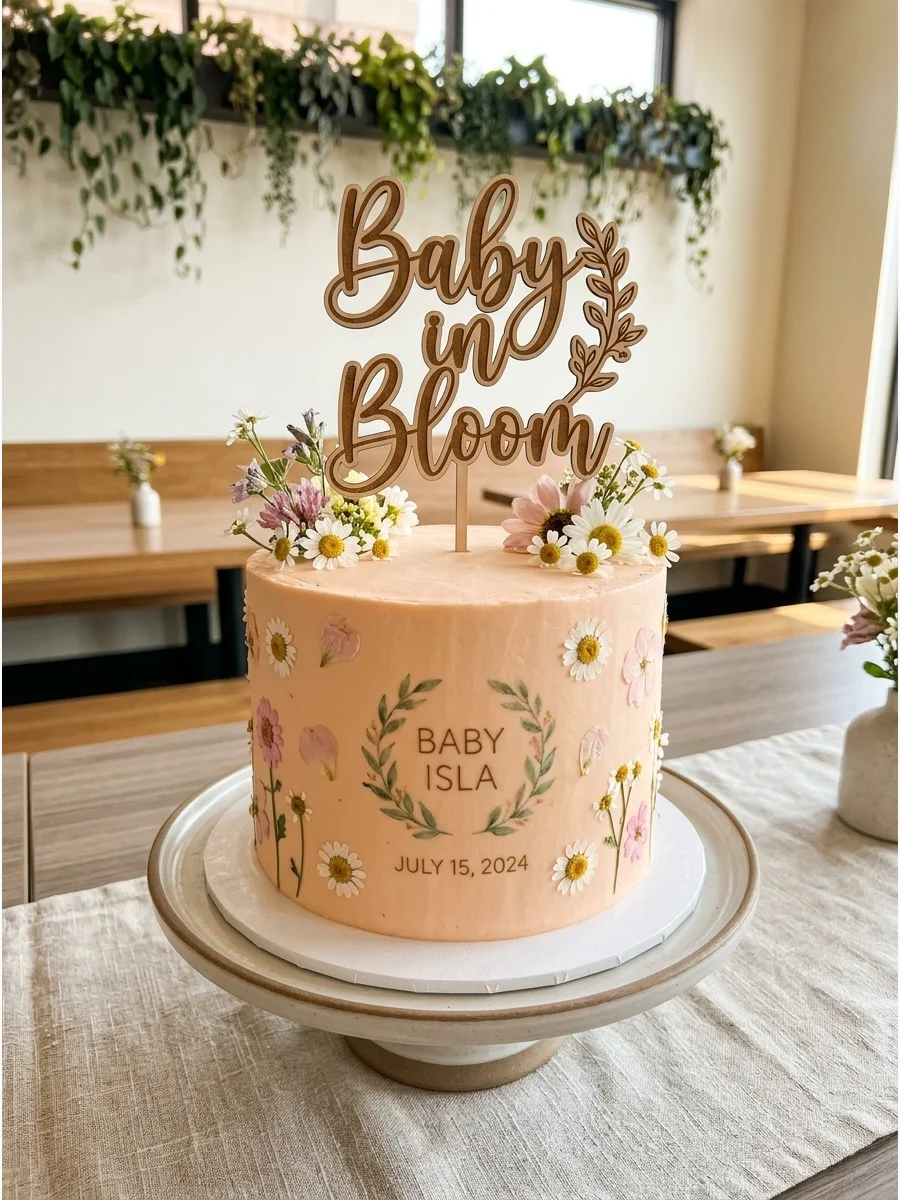 A peach cake with a wooden Baby in Bloom topper and fresh daisies.