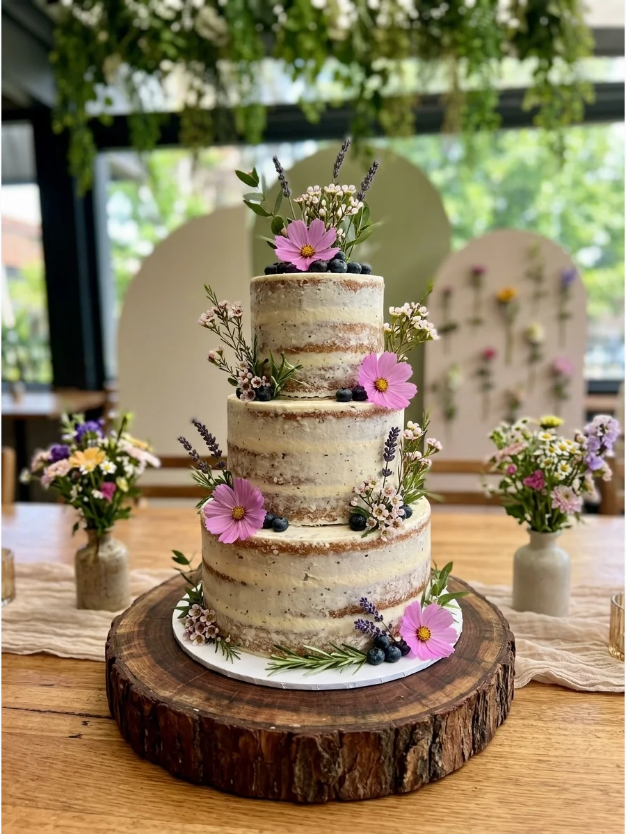 A rustic naked cake decorated with fresh berries and pink wildflowers on a wooden pedestal.