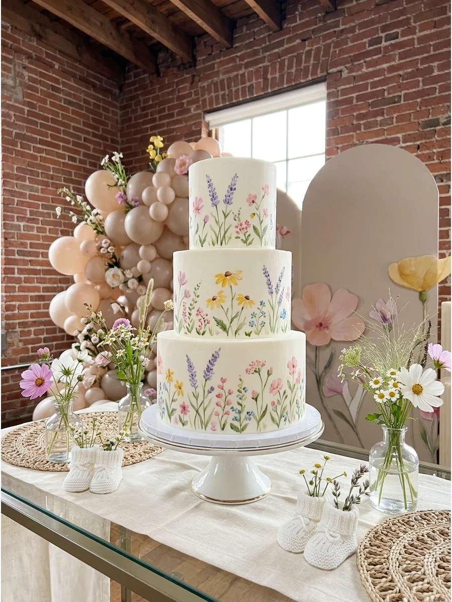 A white buttercream cake with delicate hand-painted watercolor wildflowers in pastel colors.