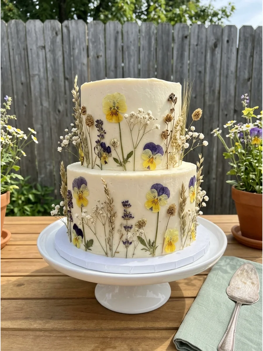A neutral-toned cake decorated with colorful pressed dried flowers and botanical elements.