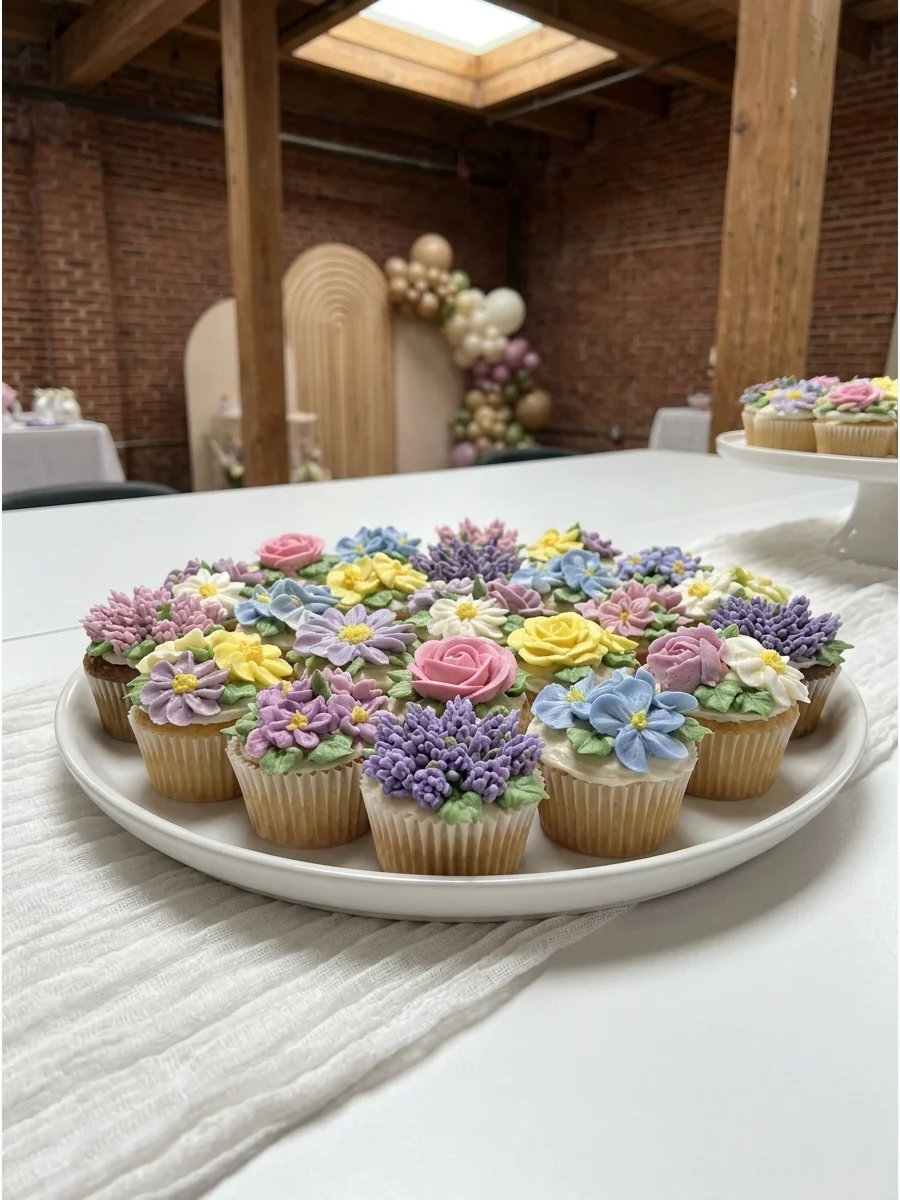 A colorful display of cupcakes decorated to look like a blooming wildflower garden.