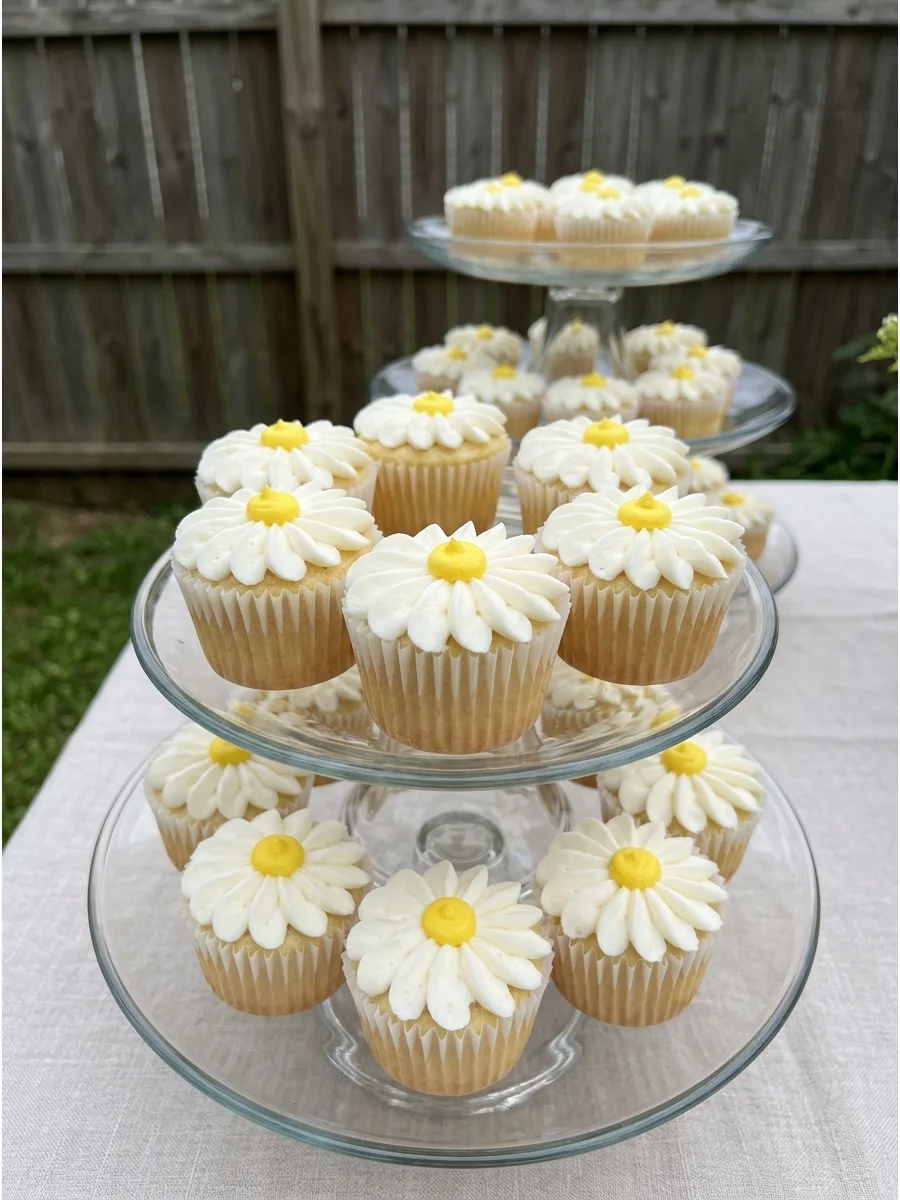 Tiered wooden stand filled with cupcakes topped with white and yellow buttercream daisies.