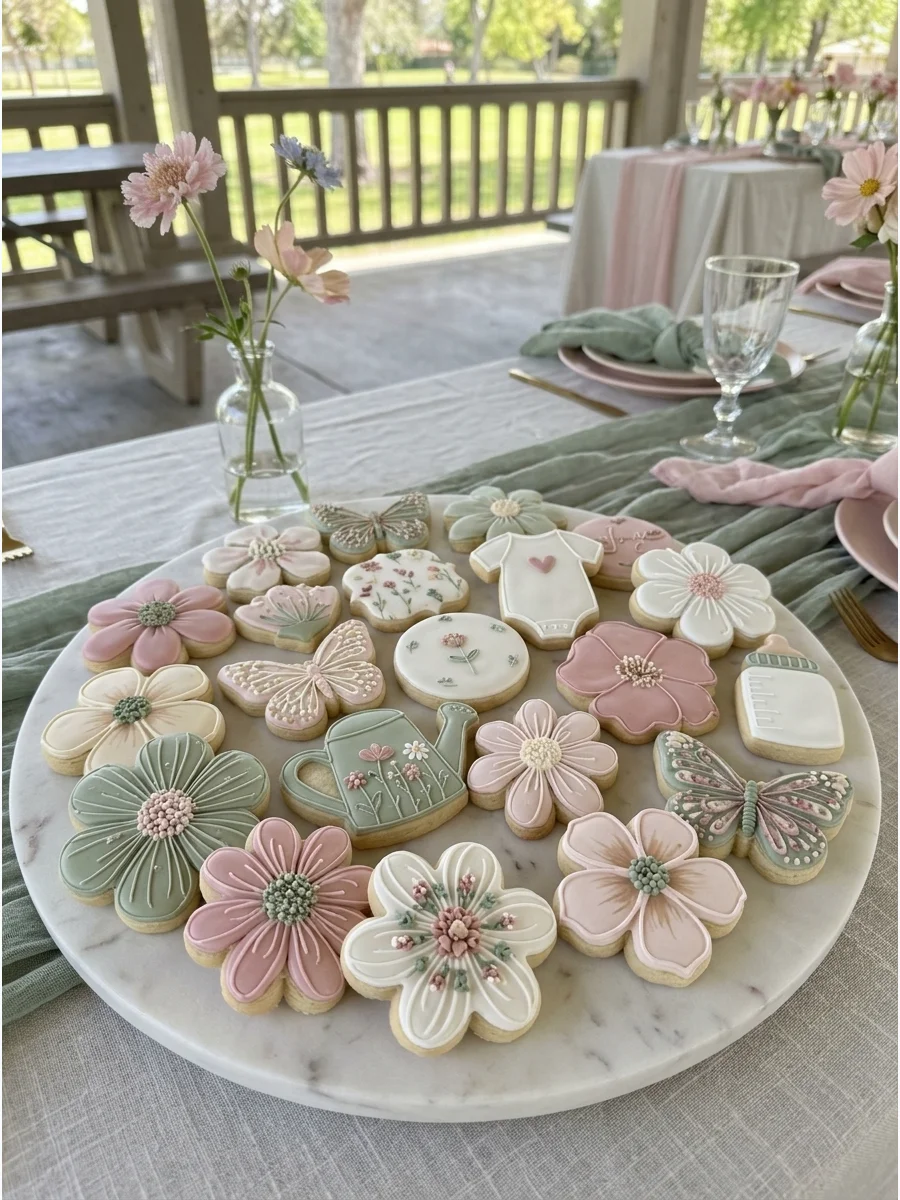 Iced sugar cookies in the shape of wildflowers and butterflies on a marble serving tray.