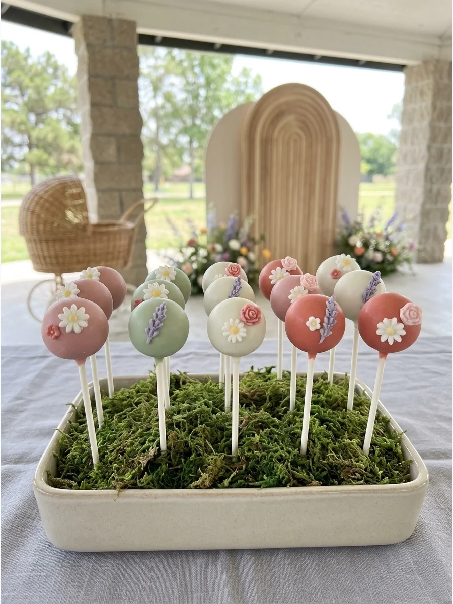 Pastel cake pops decorated with tiny flowers standing in a rustic moss-filled box.