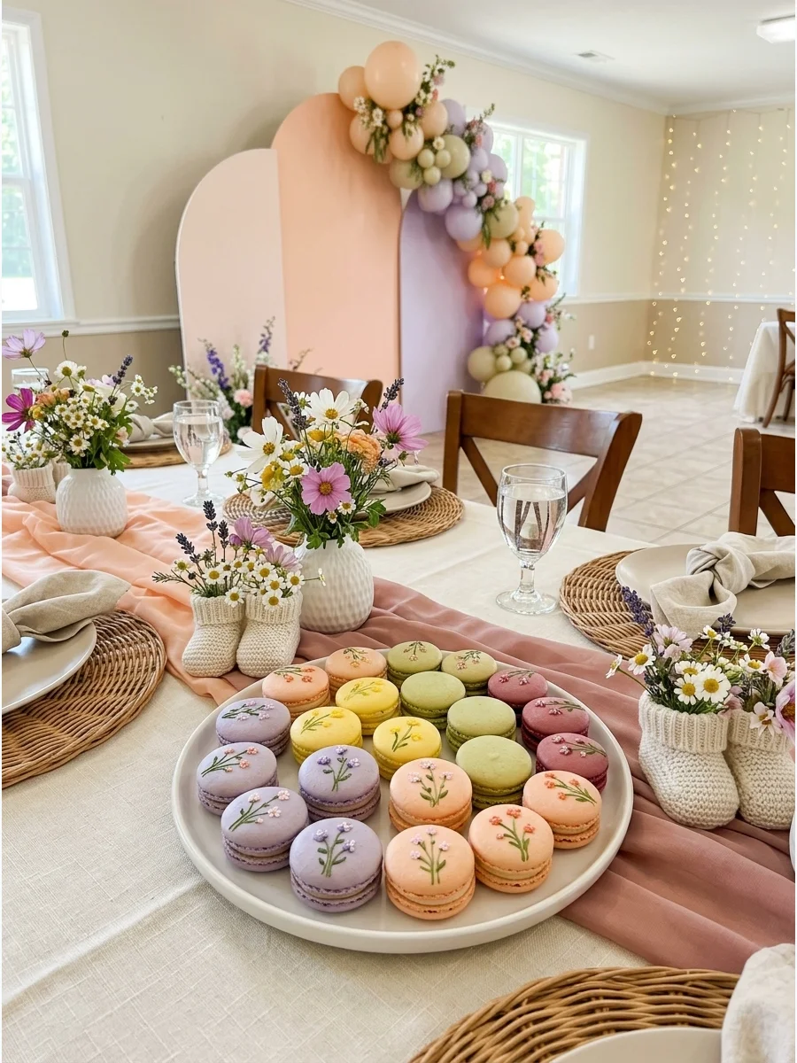 Lavender and peach flavored macarons decorated with delicate hand-painted wildflower designs.